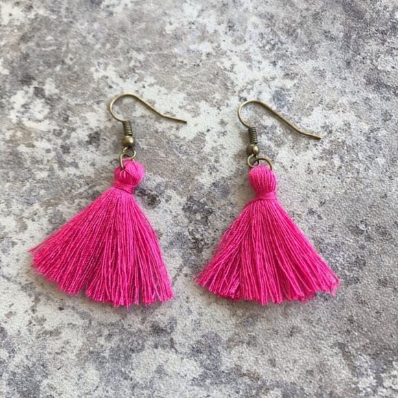 Tassel Earrings NEW Boho Festival Party Bright Pink Handmade USA - Picture 3 of 7